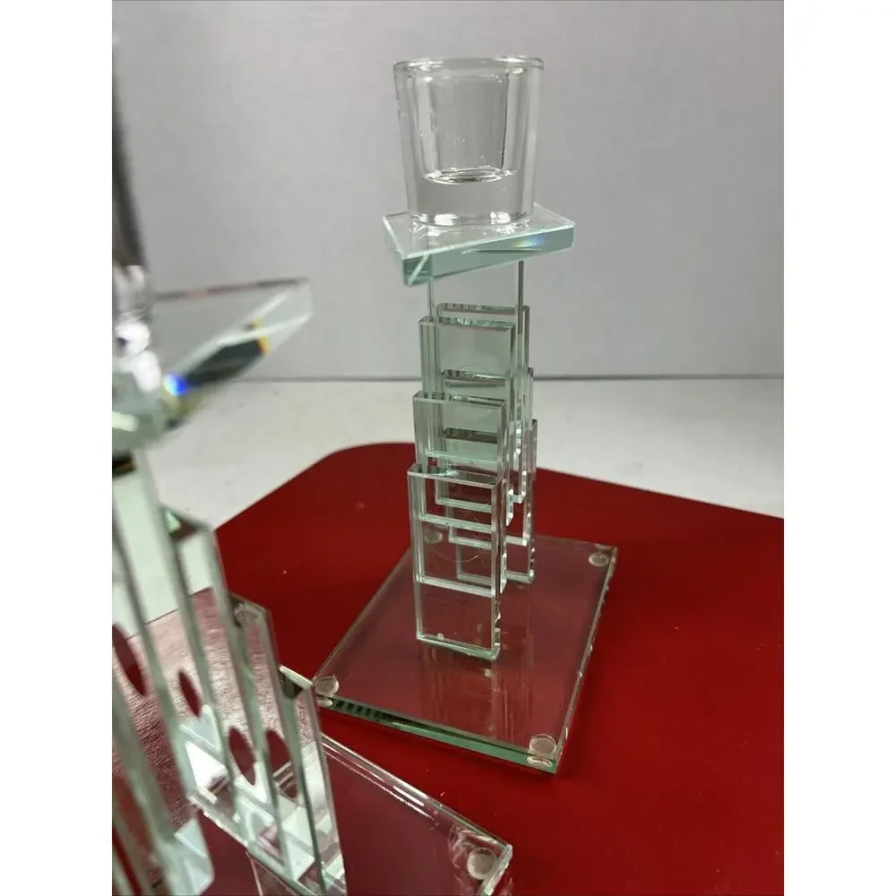 VTG Cut‎ Stacked Glass Candle Holders Art Modern Retro Crystal Heavywt Green 7.5